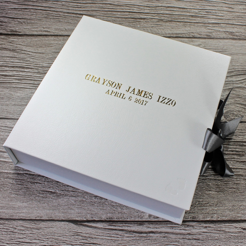 Baby Boy Keepsake Memory Box White Leather  | Grey Ribbon Tie