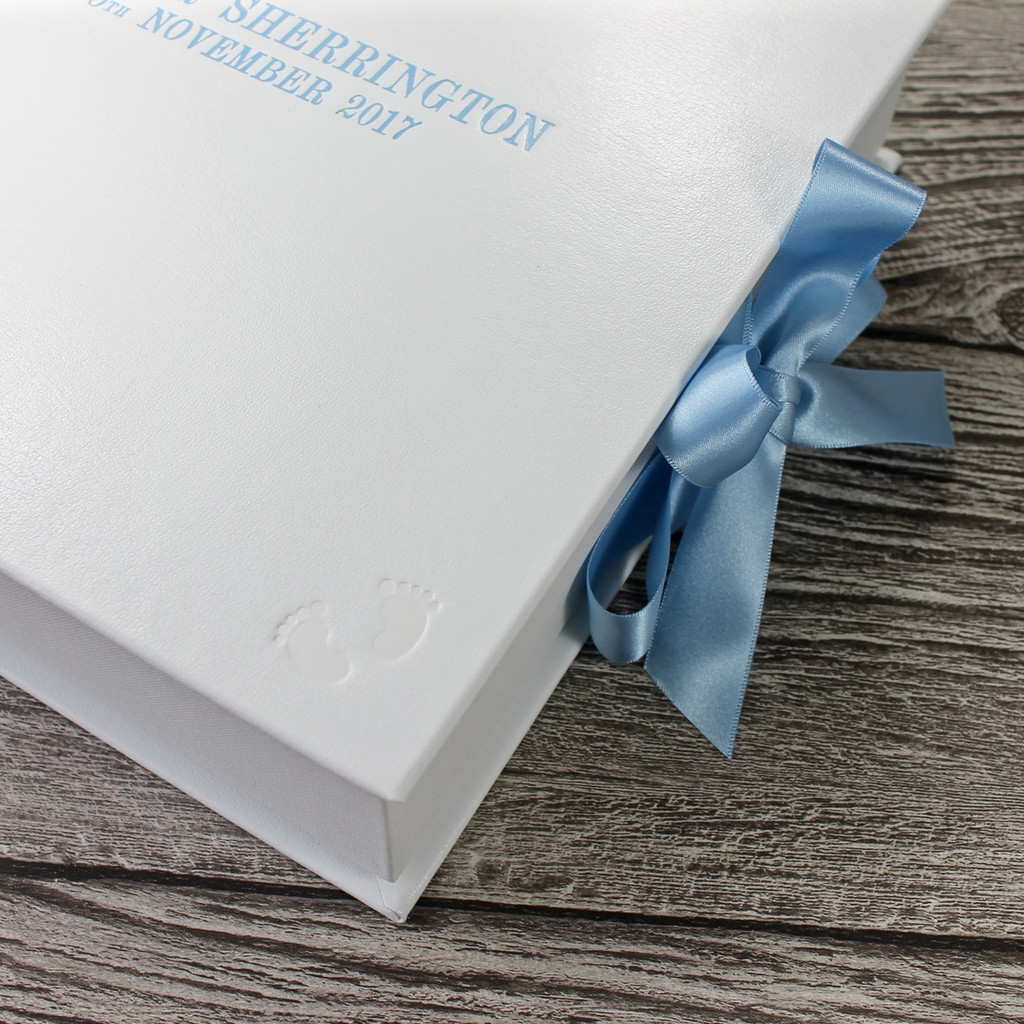 Baby Boy Keepsake Memory Box | White Leather  | Blue Ribbon Tie