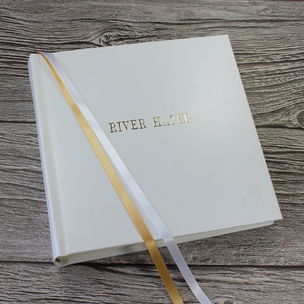 Baby Memory Record Book | White Leather | Gold & White Ribbon