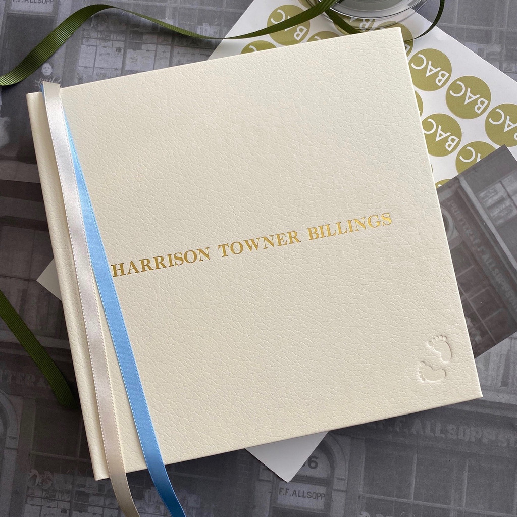 Baby Boy Photo Album | Ivory Leather | Blue & Ivory Ribbon