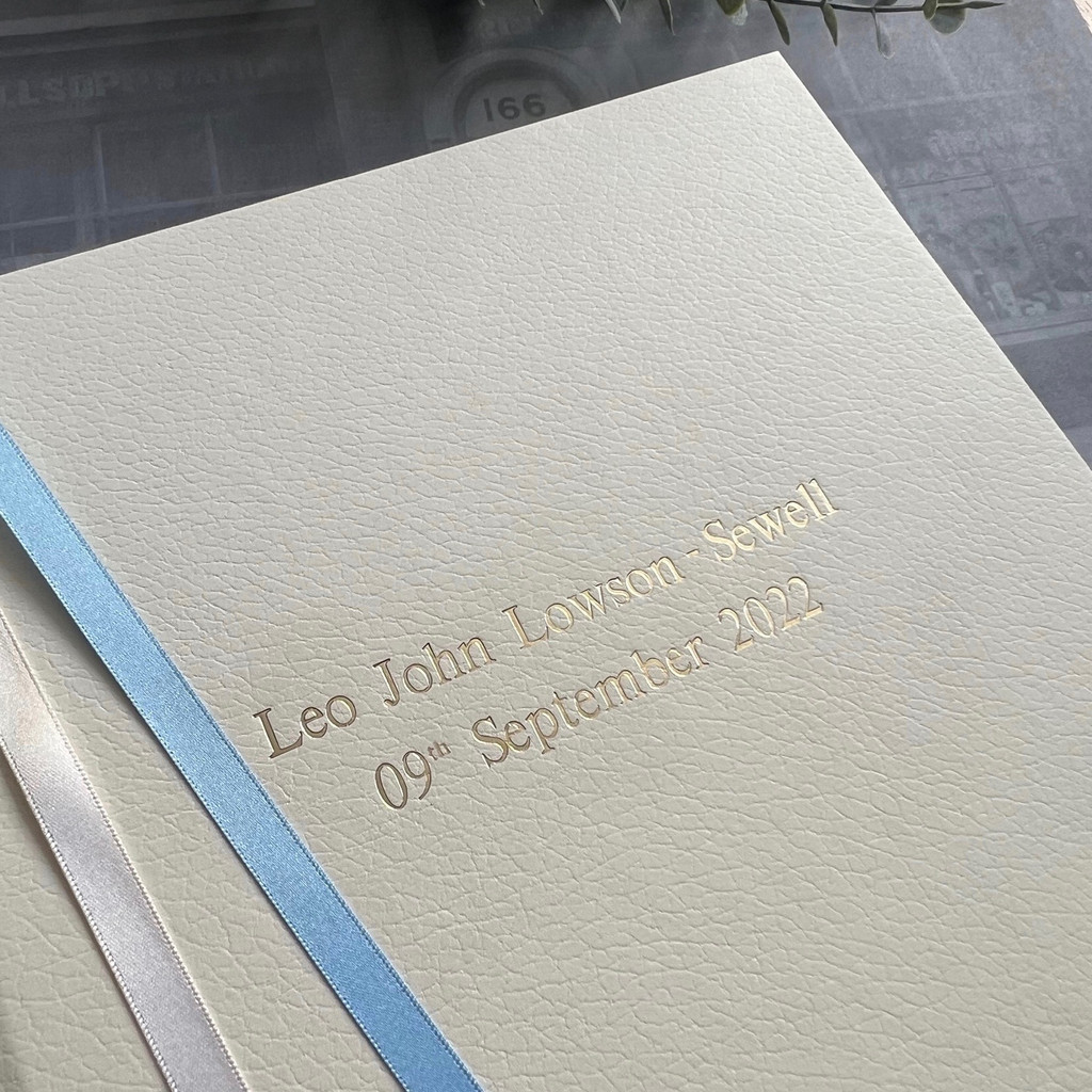 Baby Boy Photo Album | Ivory Leather | Blue & Ivory Ribbon