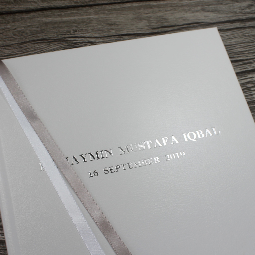 Baby Memory Record Book | White Leather | Silver & White Ribbon
