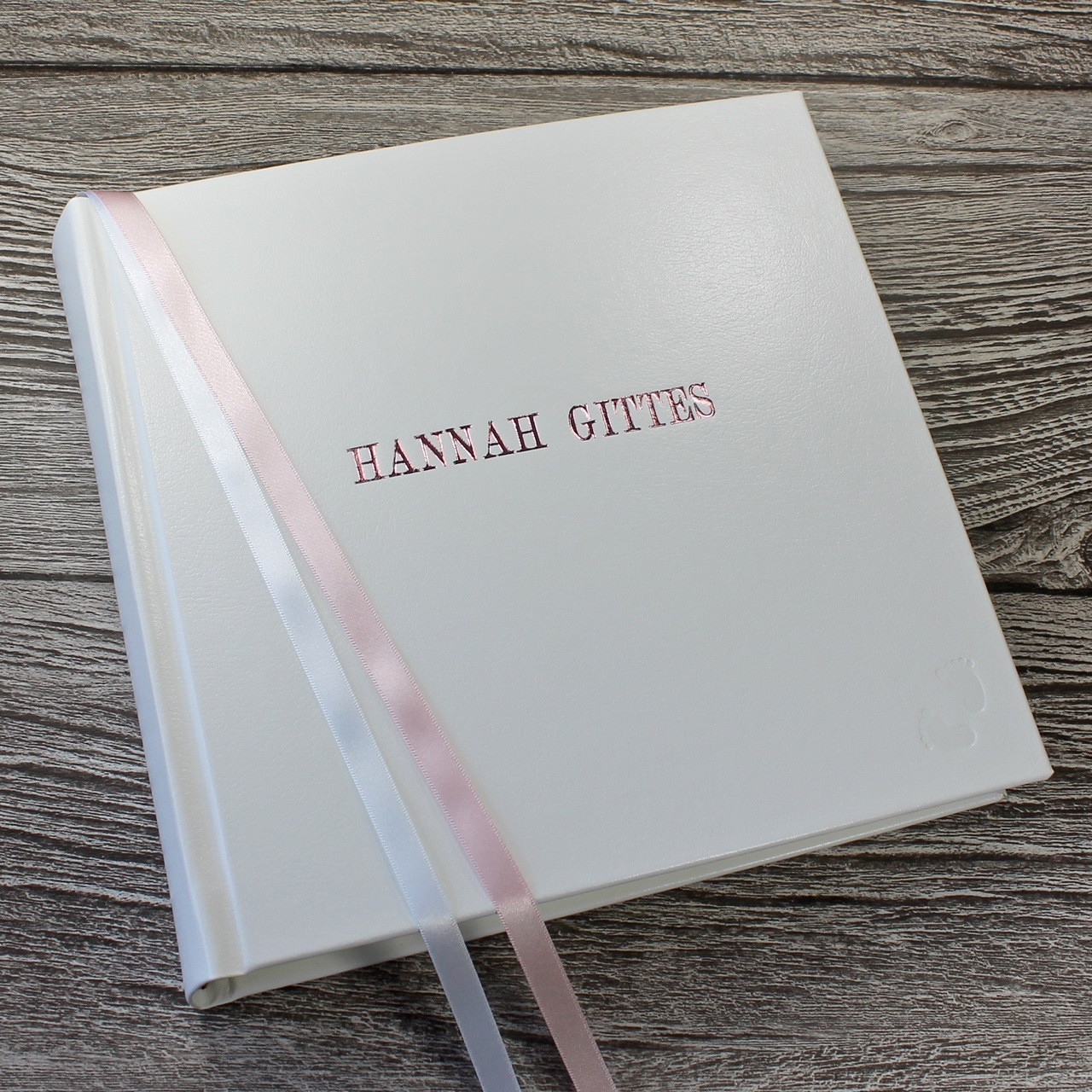 Baby Girl Photo Album White Leather Pink & White Ribbon Bespoke