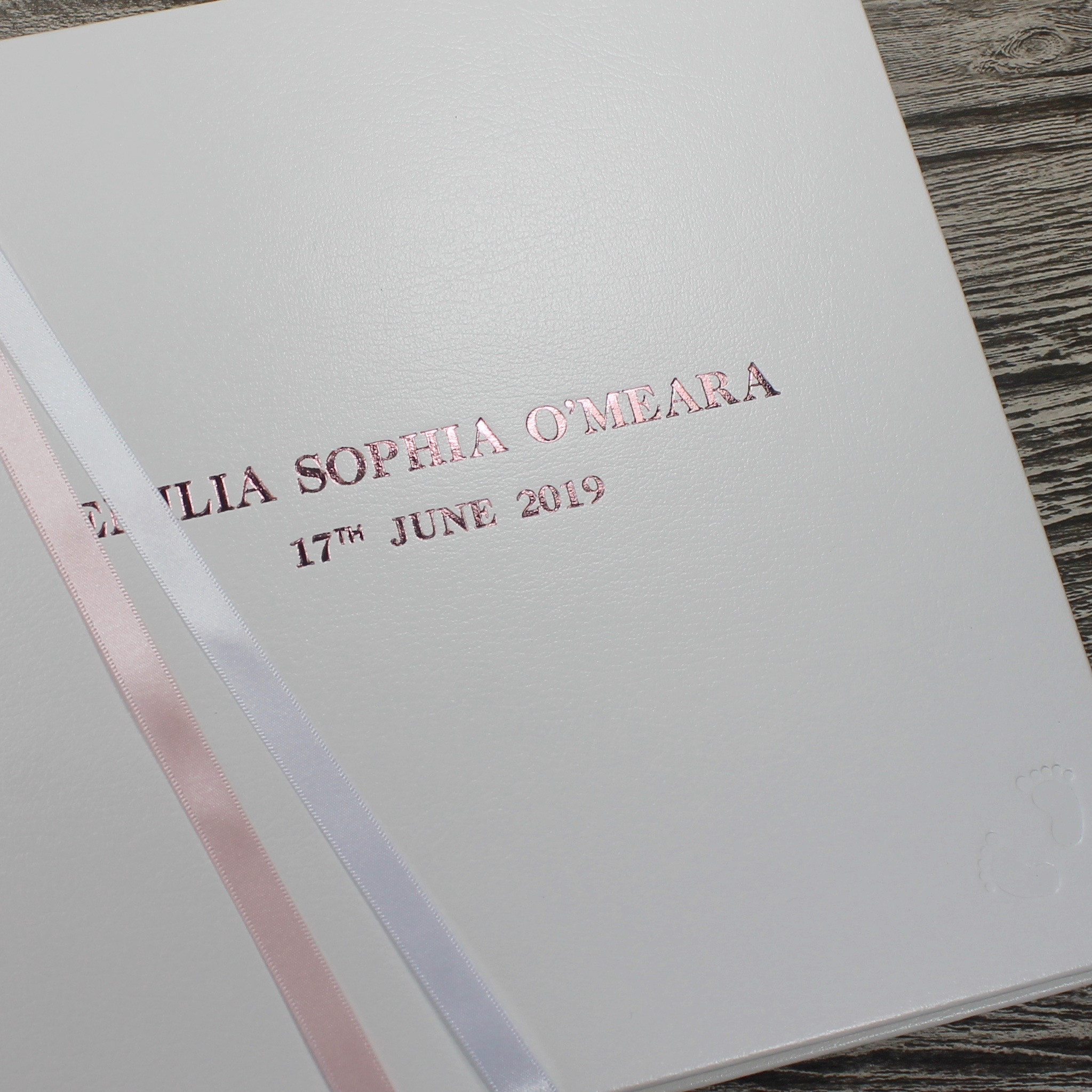 Baby Girl Memory Record Book White Leather Pink & White Ribbon