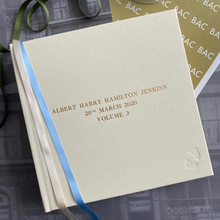 Baby Boy Photo Album | Ivory Leather | Blue & Ivory Ribbon