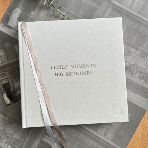 Baby Photo Album | White Leather | Silver & White Ribbon