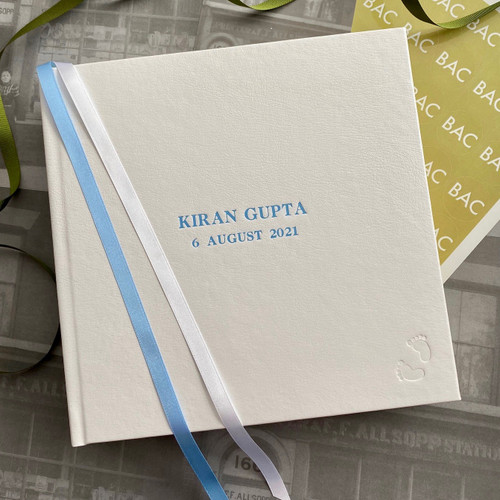 Baby Boy Photo Album | White Leather  | Blue & White Ribbon