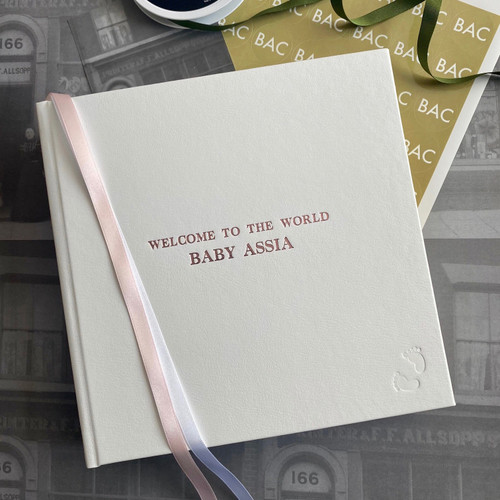Baby Girl Memory Record Book | White Leather | Pink & White Ribbon