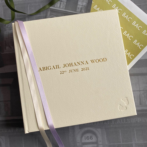 Baby Girl Photo Album | Ivory Leather | Lilac & Ivory Ribbon