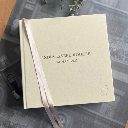 Baby Girl Photo Album | Ivory Leather | Pink & Ivory Ribbon
