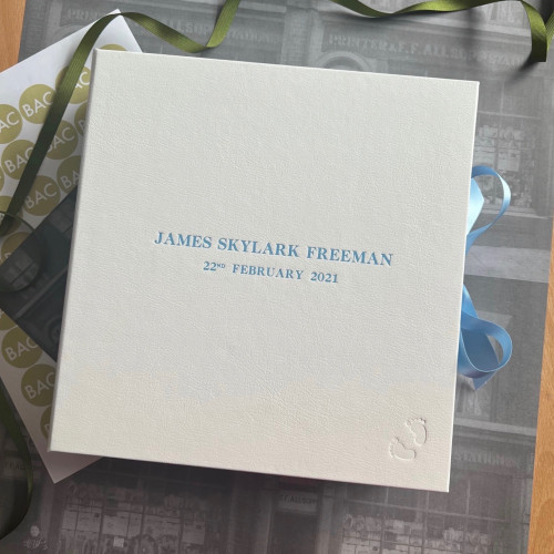 Baby Boy Keepsake Memory Box | White Leather | Blue Ribbon Tie