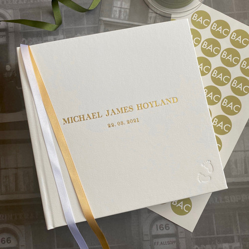 Baby Photo Album | White Leather | Gold & White Ribbon