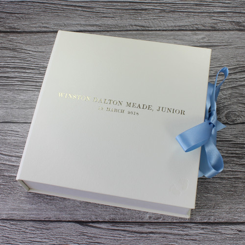 Baby Boy Keepsake Memory Box | Ivory Leather | Blue Ribbon Tie