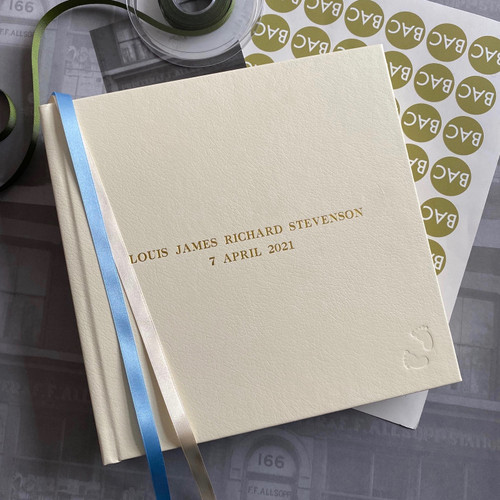 Baby Boy Memory Record Book | Ivory Leather | Blue & Ivory Ribbon