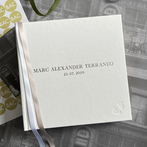 Baby Memory Record Book | White Leather | Silver & White Ribbon