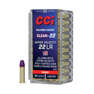 CCI Clean-22 Hyper Velocity .22 Long Rifle (.22 LR) 31gr Purple Polymer-Coated Lead Round Nose 50/Box CCI Clean-22 Hyper Velocity .22 Long Rifle (.22 LR) 31gr Purple Polymer-Coated Lead Round Nose 50/Box