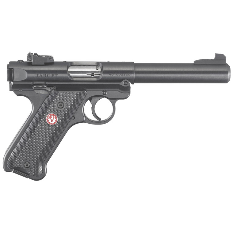 Ruger, Mark IV, Target, Single Action, Semi-automatic, Metal Frame Pistol, Full Size, 22LR, 5.5" Barrel, Bull Barrel, Alloy, Blued Finish, Checkered Grips, Adjustable Rear Sight, 10 Rounds