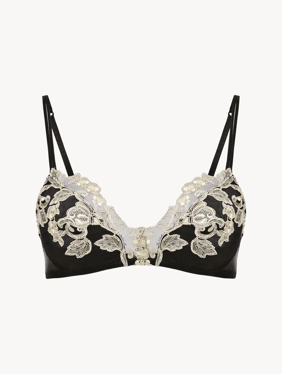 Luxury Silk Triangle Bra in Black with Ivory Frastaglio | La Perla