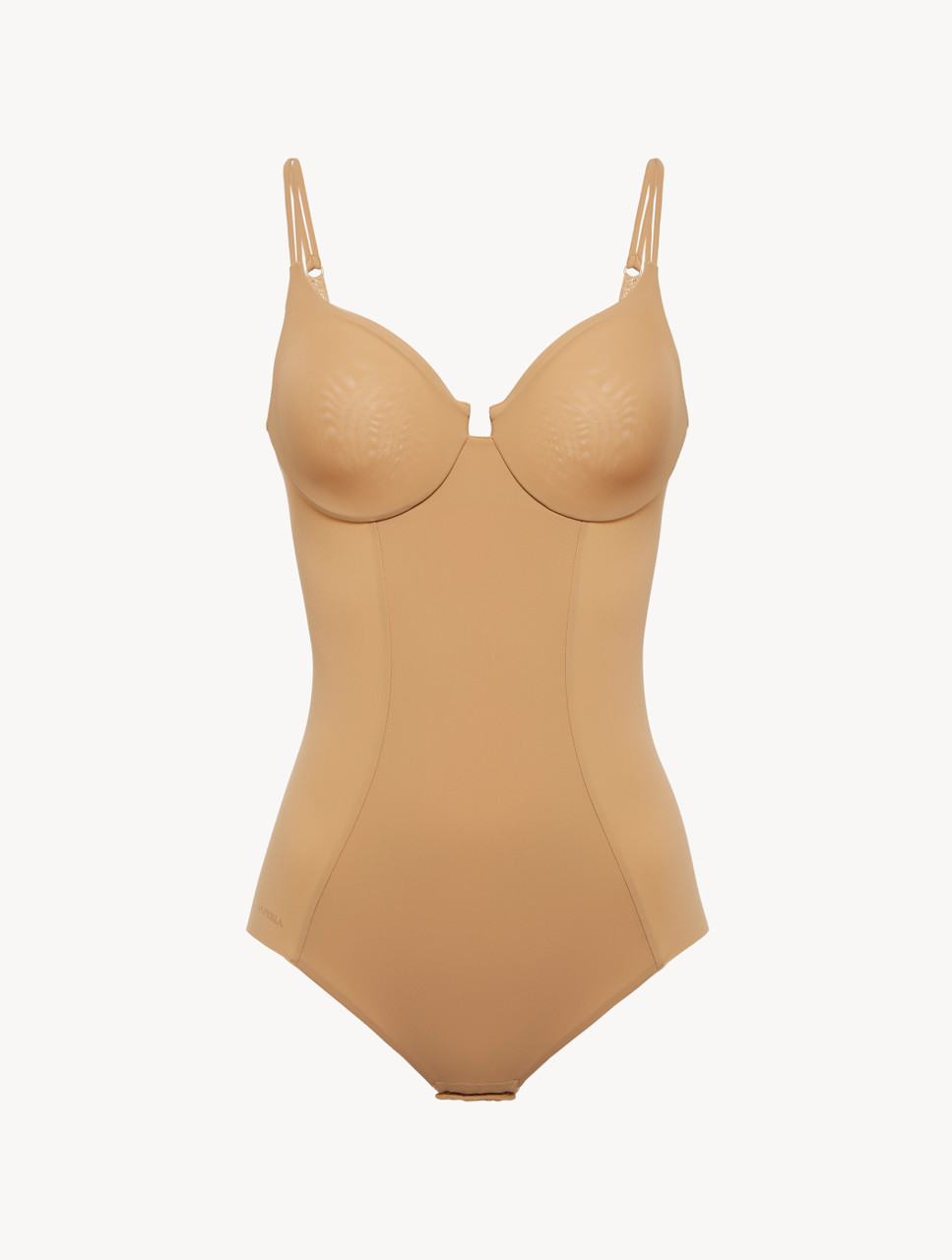 Carmen - Nude Premium Stretch Ribbed Gold Button Bodysuit, Tops & Bodysuits
