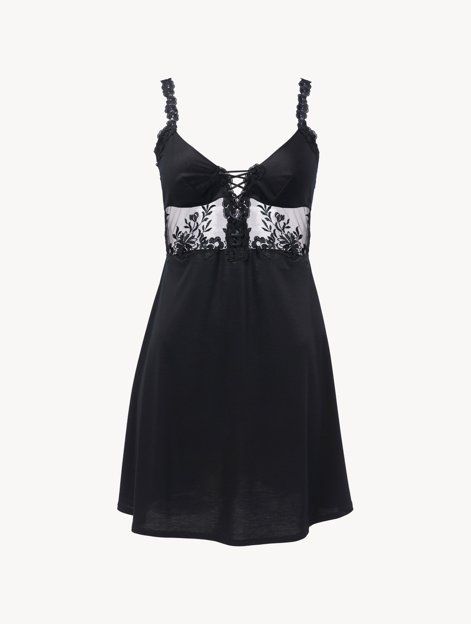 Slip Dress in black modal with embroidered tulle