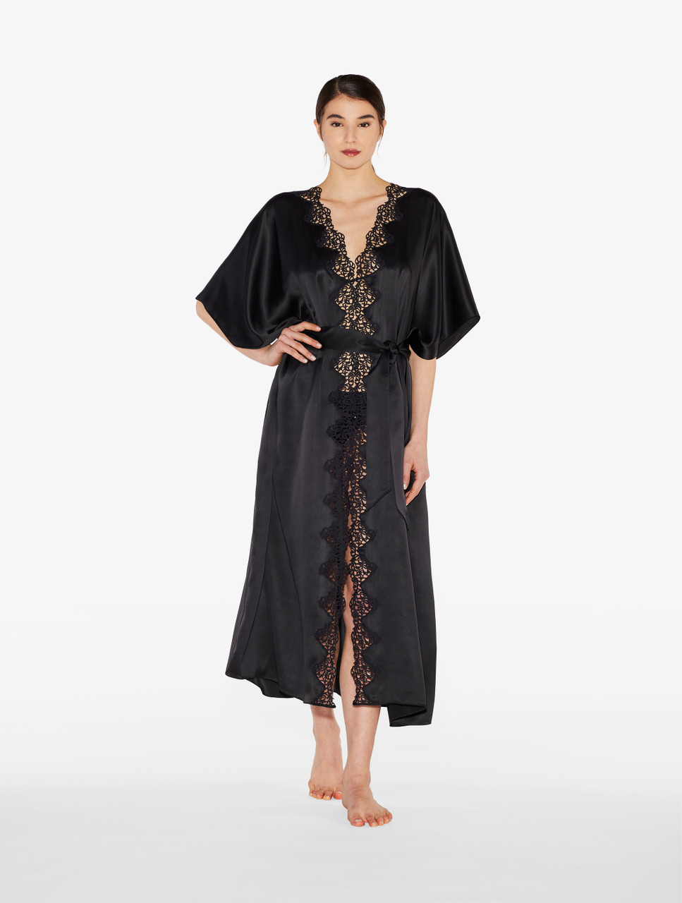 Black long silk robe with macramé