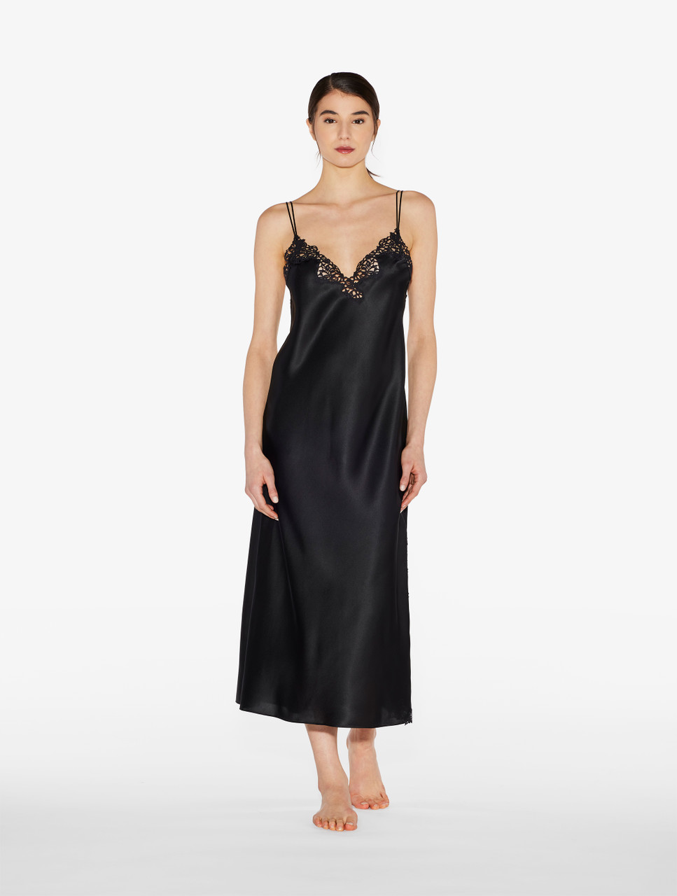 Black silk long nightgown with macramé