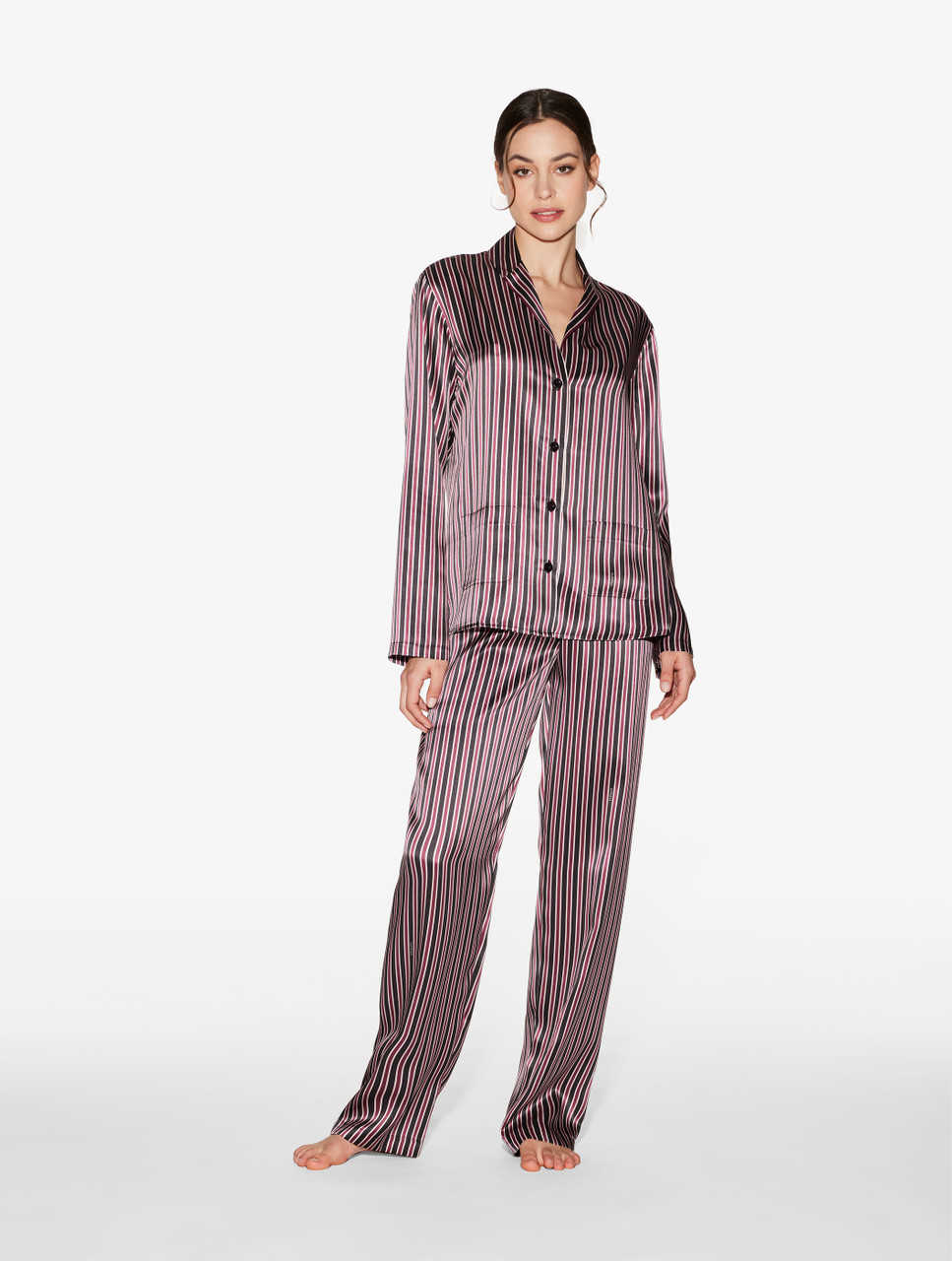 Women's Striped Silk Pajama Set Long Sleeve silk Sleepwear Stripe Silk PJS  Balck or Pink and white