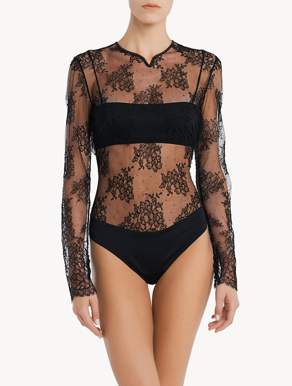 Black Lace Long Sleeve Backless Thong Bodysuit