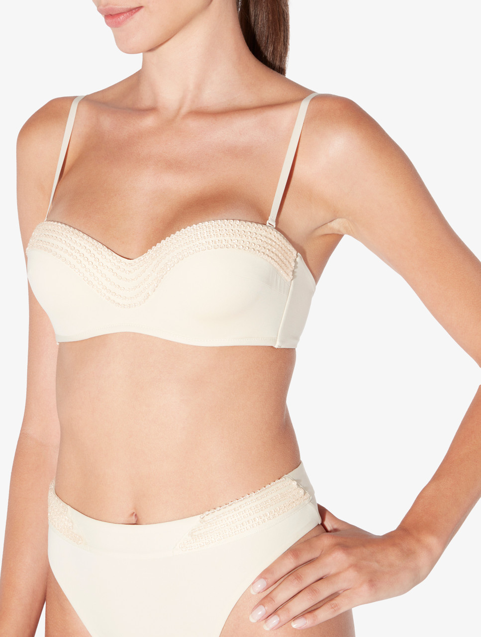 High-Waisted Brazilian Bikini Brief in Nude with beading | La Perla