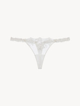 Thong in off-white Lycra with embroidered tulle_0
