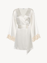 White silk satin short robe with frastaglio_0