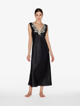 Black silk satin long nightgown with frastaglio_1