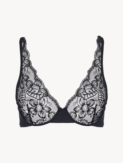 Underwired Bra in black Lycra with Leavers lace