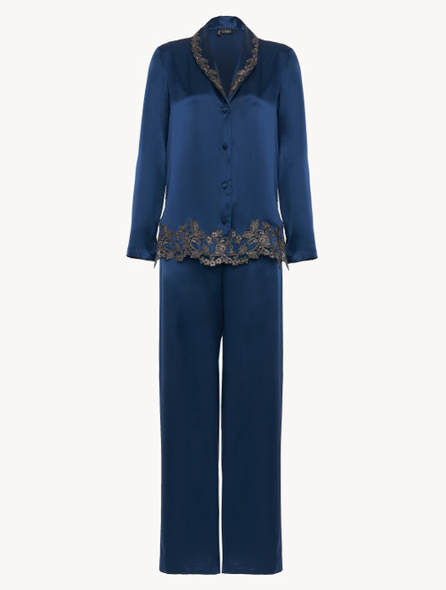 Blue silk pyjamas with frastaglio