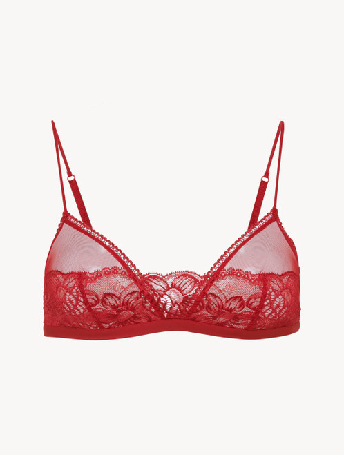 Non-wired triangle bra in garnet Lycra with Leavers lace
