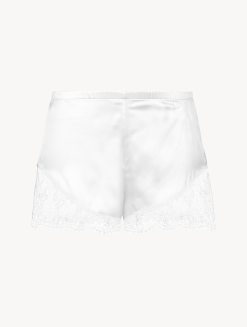 Off-white silk pyjama shorts with Leavers lace trim_4