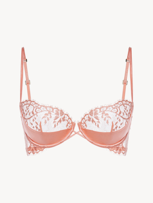 Pink underwired balconette bra with Leavers lace trim