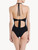 Swimsuit in black with dark blue embroidery and tulle