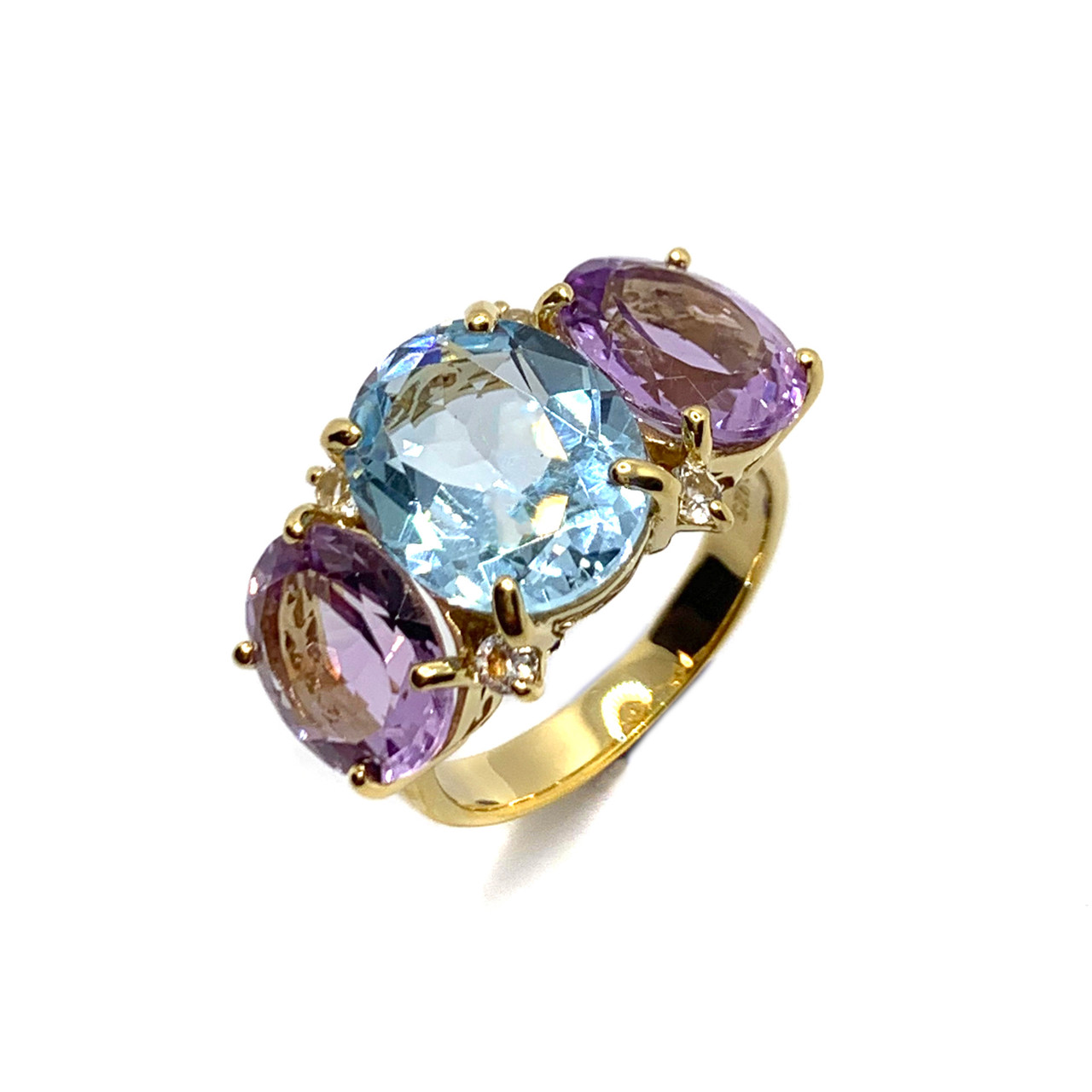 Yellow gold amethyst and blue topaz ring – Gerlachs Jewelers