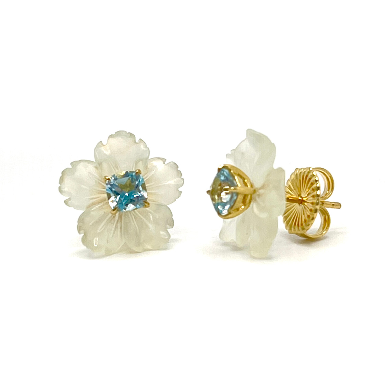 Small Carved Serpentine Flower with Cushion Blue Topaz Stud Earrings