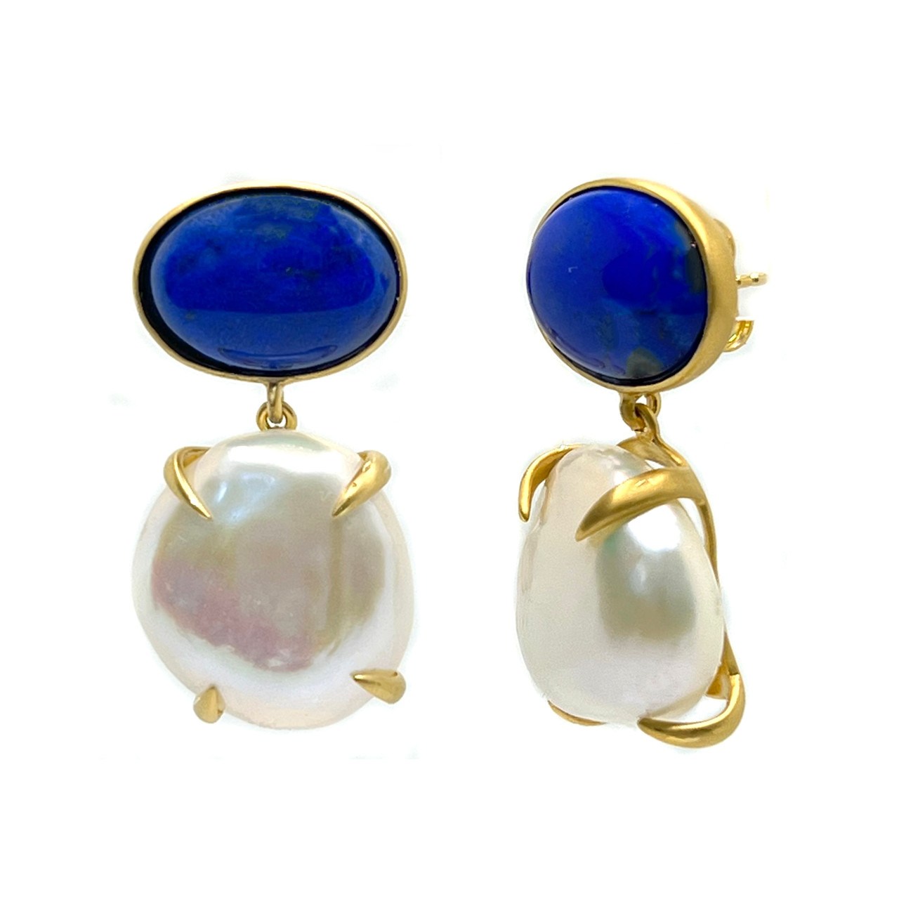 Oval Lapis Lazuli and Cultured Flat Baroque Pearl Drop Earrings