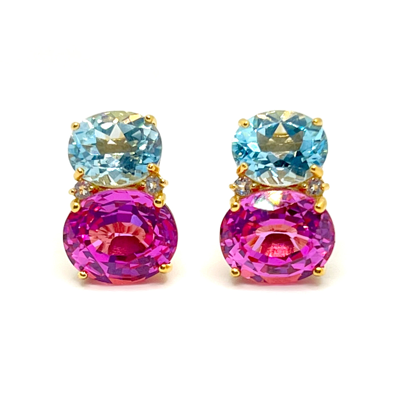 Double Oval Blue Topaz & Lab Pink Sapphire Earrings