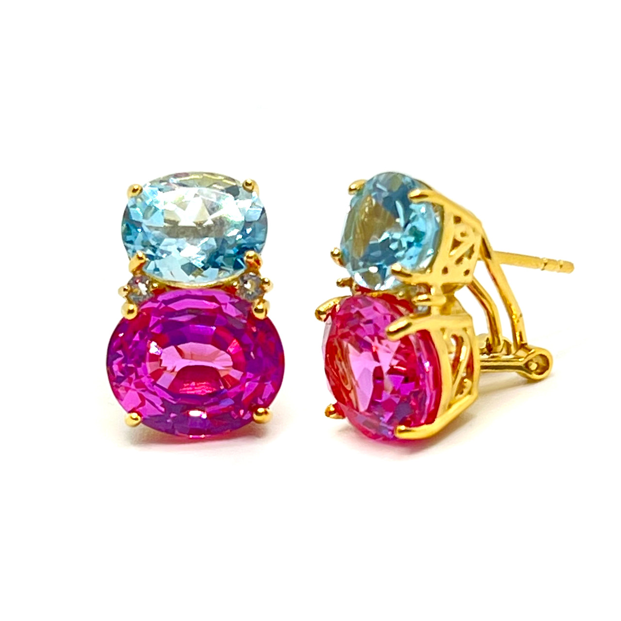 Double Oval Blue Topaz & Lab Pink Sapphire Earrings