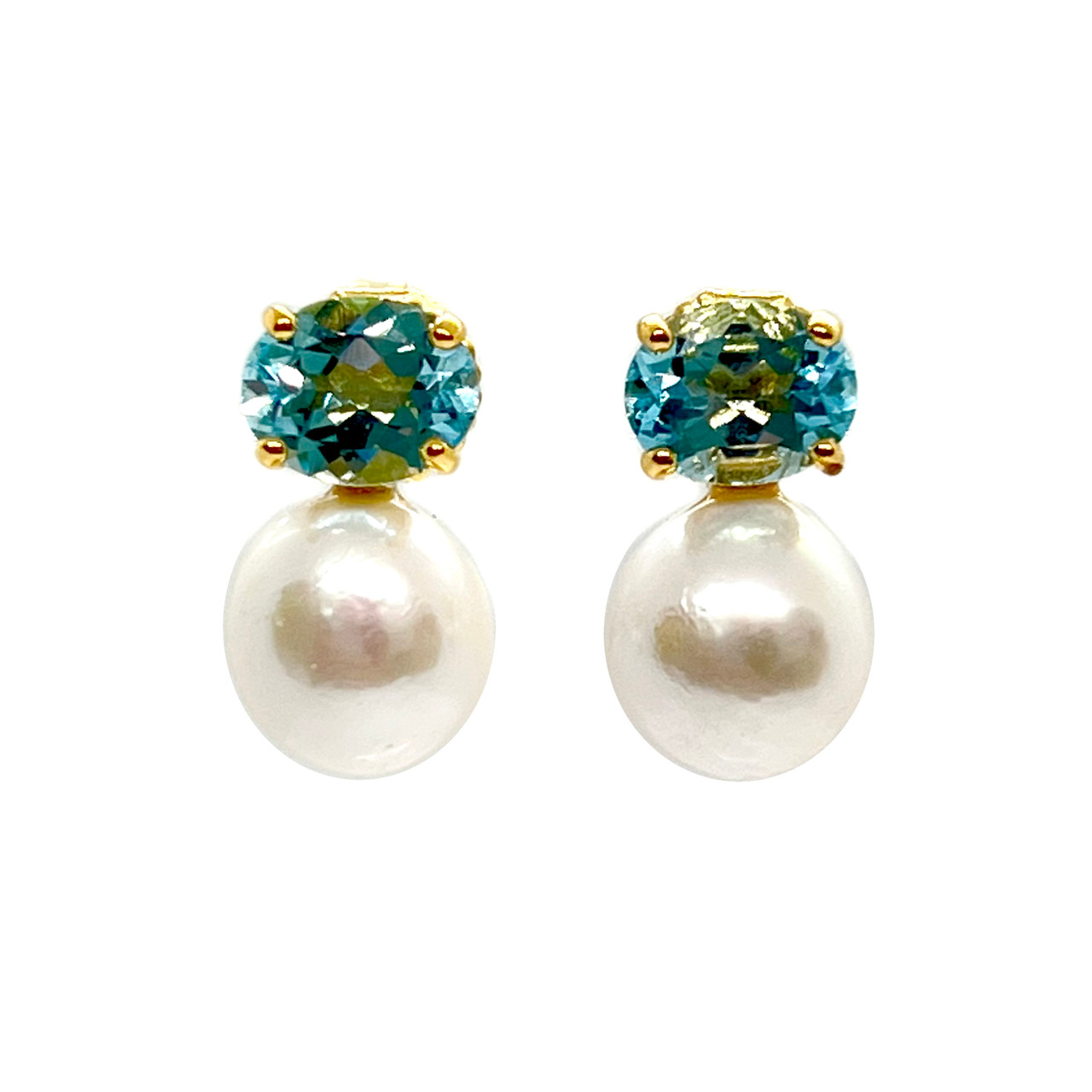 Oval Blue Topaz and Cultured Pearl Drop Earrings