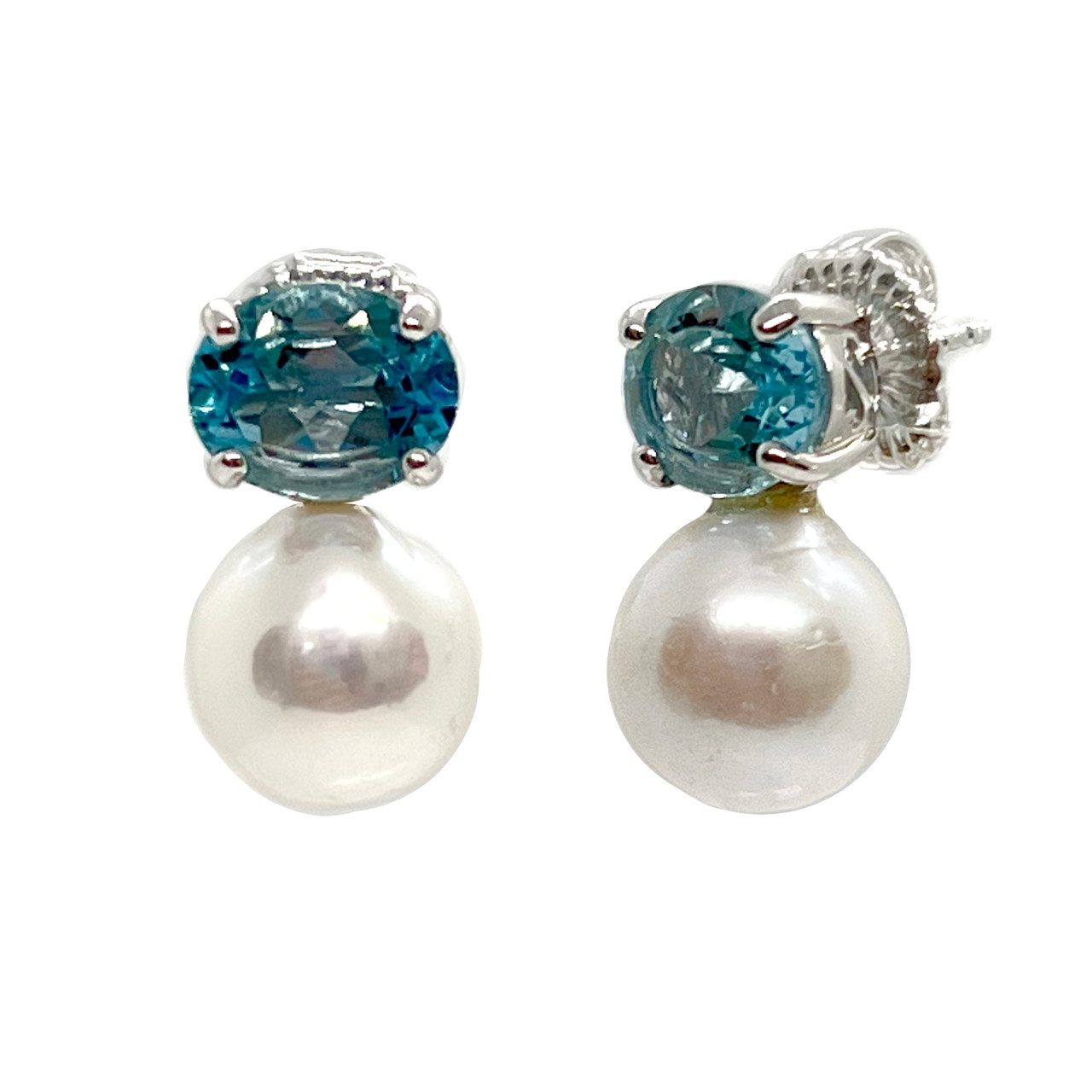 Oval Blue Topaz and Cultured Pearl Drop Earrings