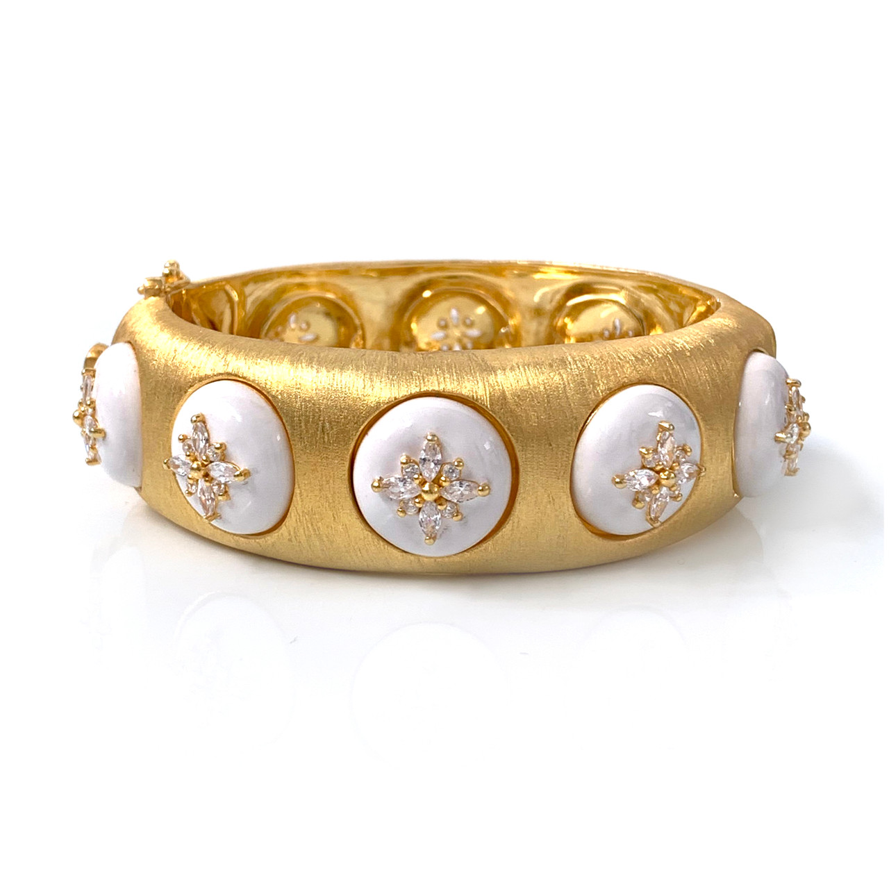 Flower Pattern CZ White Enamel Bangle Bracelet - Bijoux Num