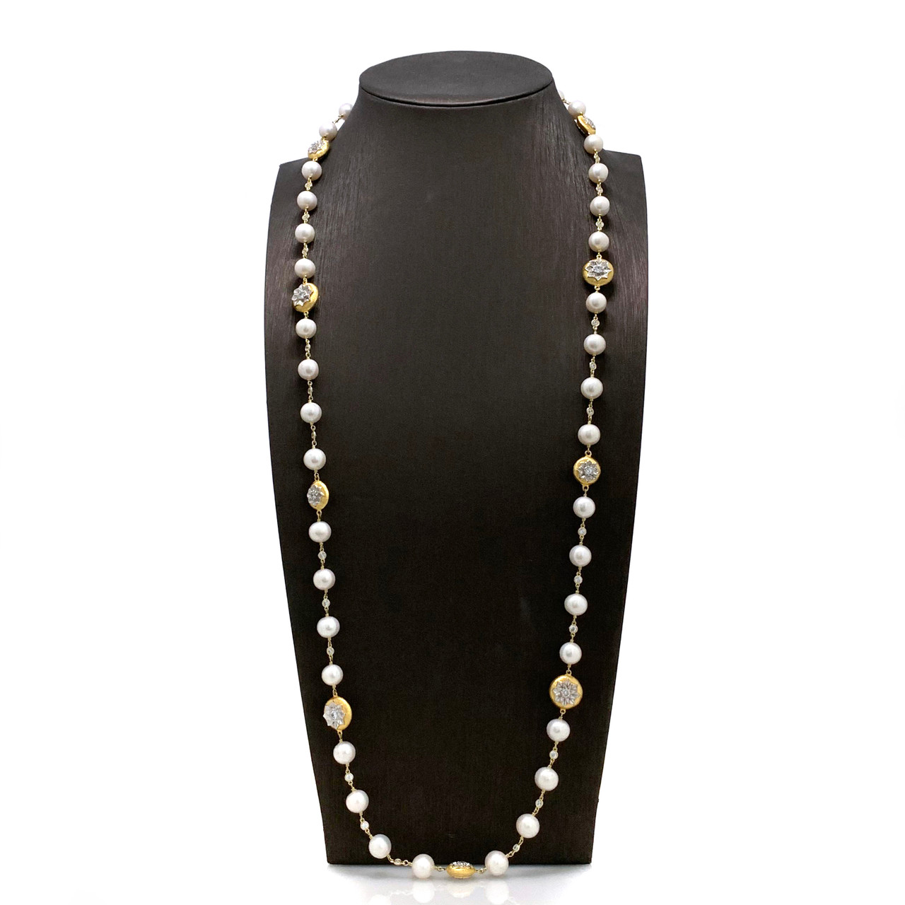 Freshwater Pearl and Round Engraved Flower Vermeil Disc Long Necklace