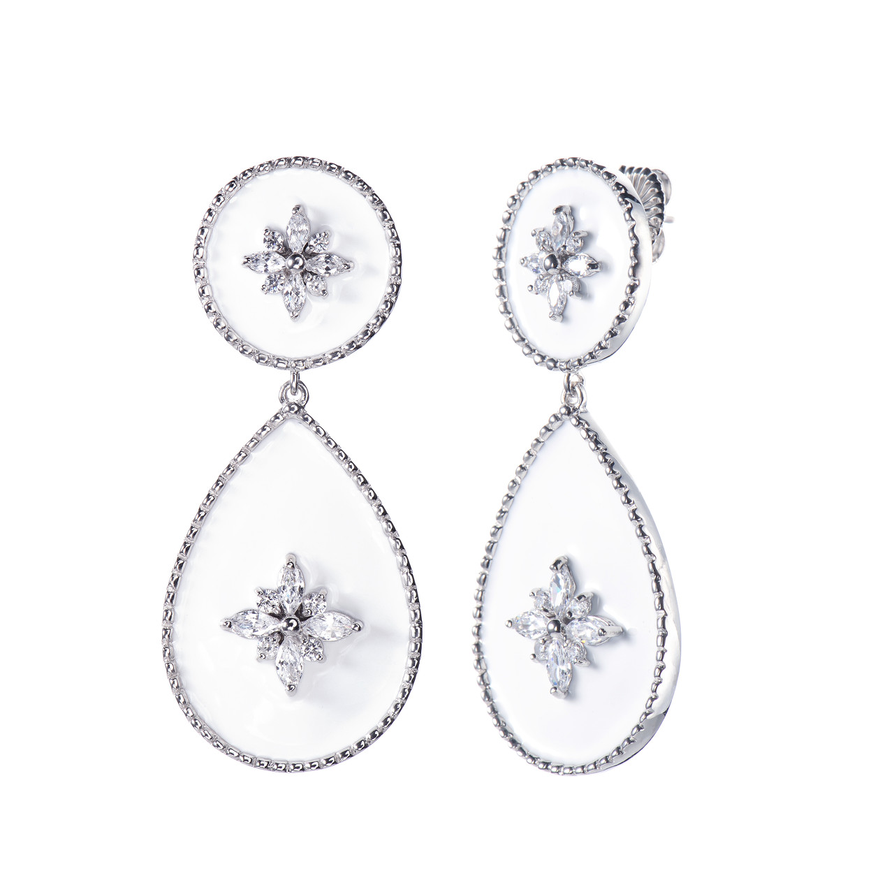 Flower Pattern Pear Shape White Enamel Drop Earrings - Bijoux Num