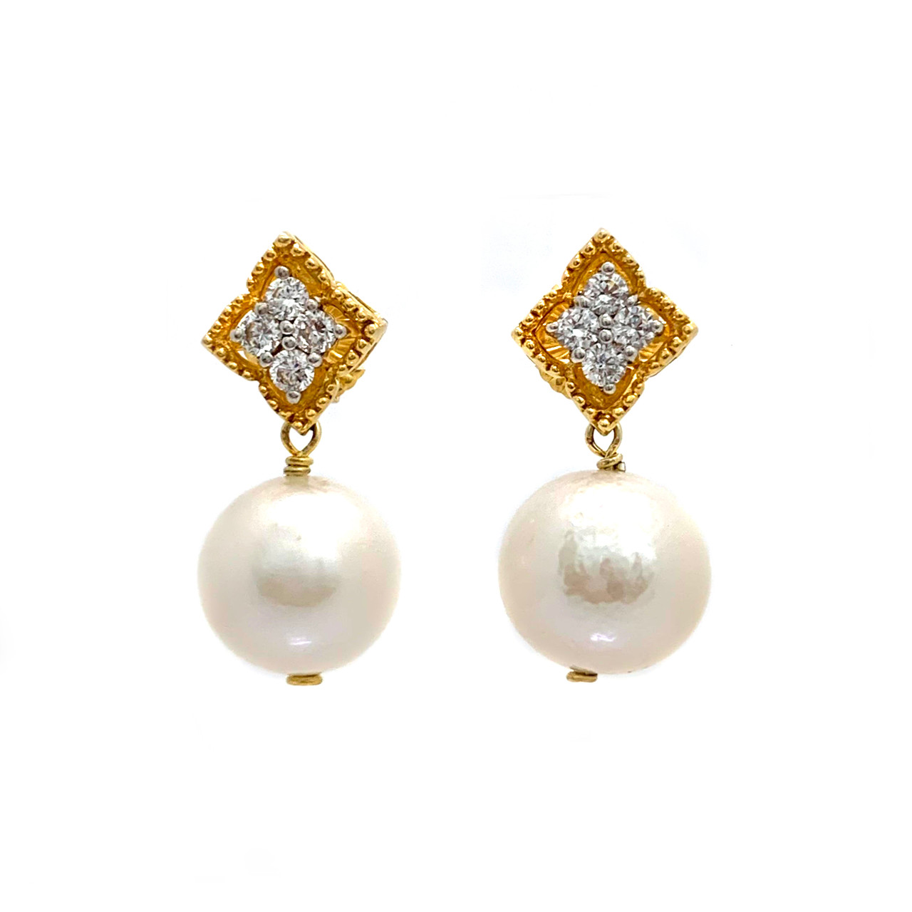 Beaded Diamond Shape Top and 14mm Cultured Pearl Drop Earrings