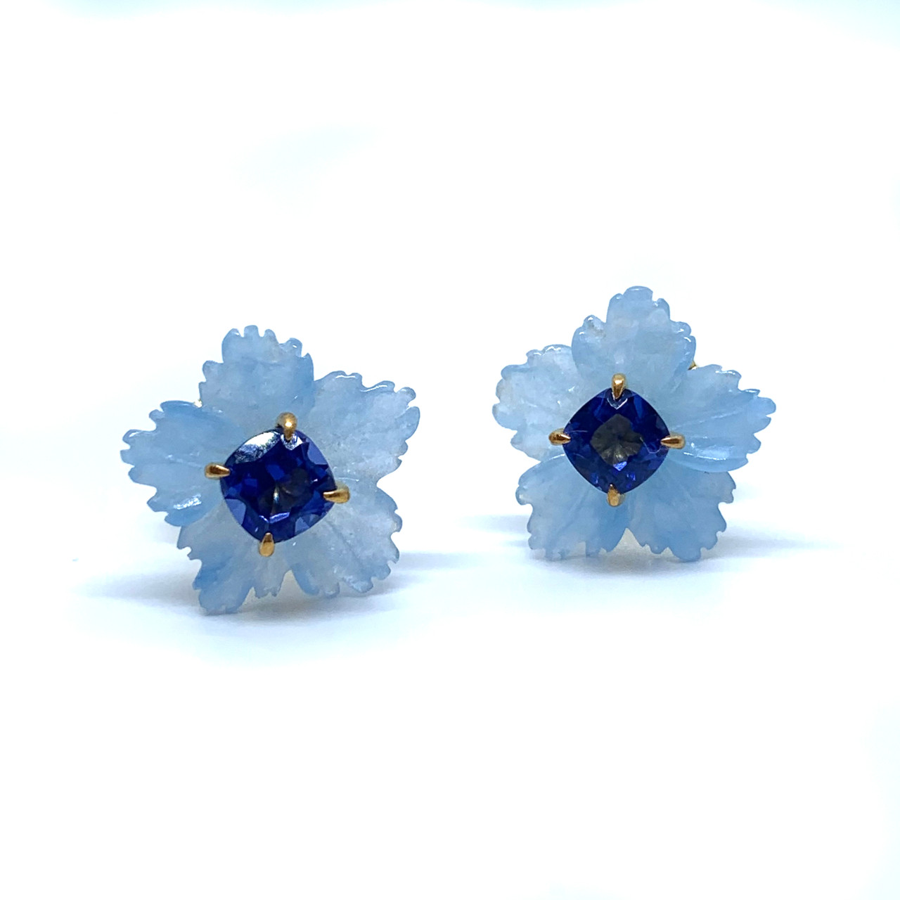 Small Carved Blue Quartzite Flower with Cushion Sapphire Stud Earrings